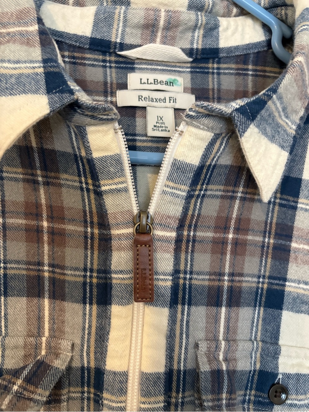 Women’s L.L. Bean Blue, Brown & Cream Plaid Zip-Front Relaxed flannel shirt.